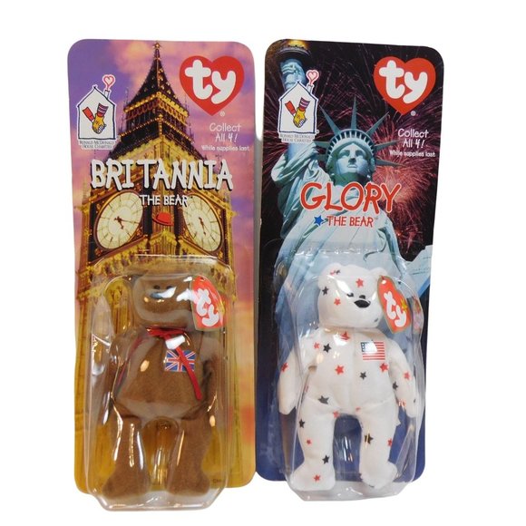 McDonalds Charities 1999 TY Beanies Britannia & Glory Bears NIB Vintage - Picture 1 of 7